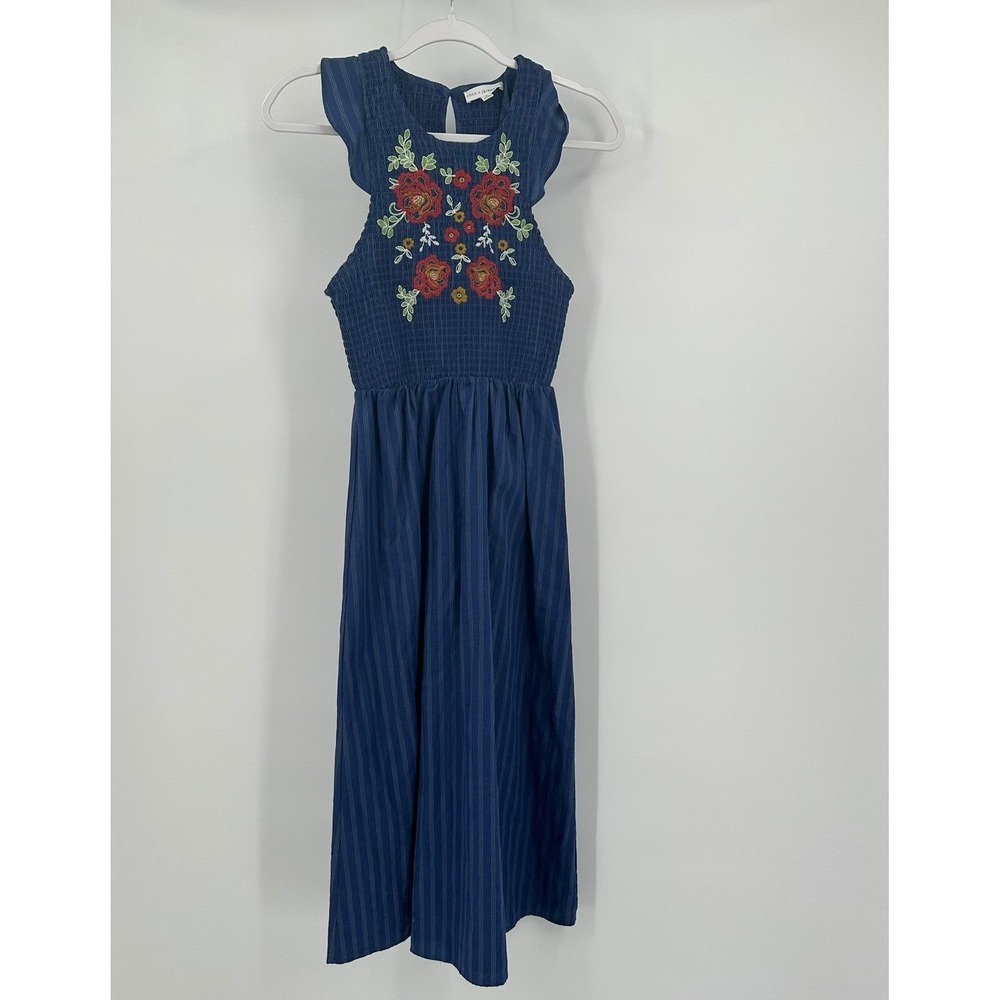 Womens Cottagecore Floral Midi Dress Sz S Folk Boho Prairie Smocked Embroidered